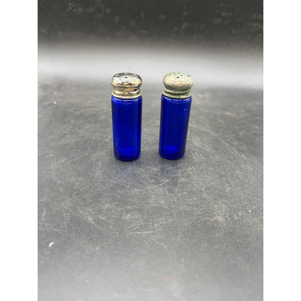 Vintage Cobalt Blue Glass Miniature Salt and Pepper Shakers Metal Lids Set of 2